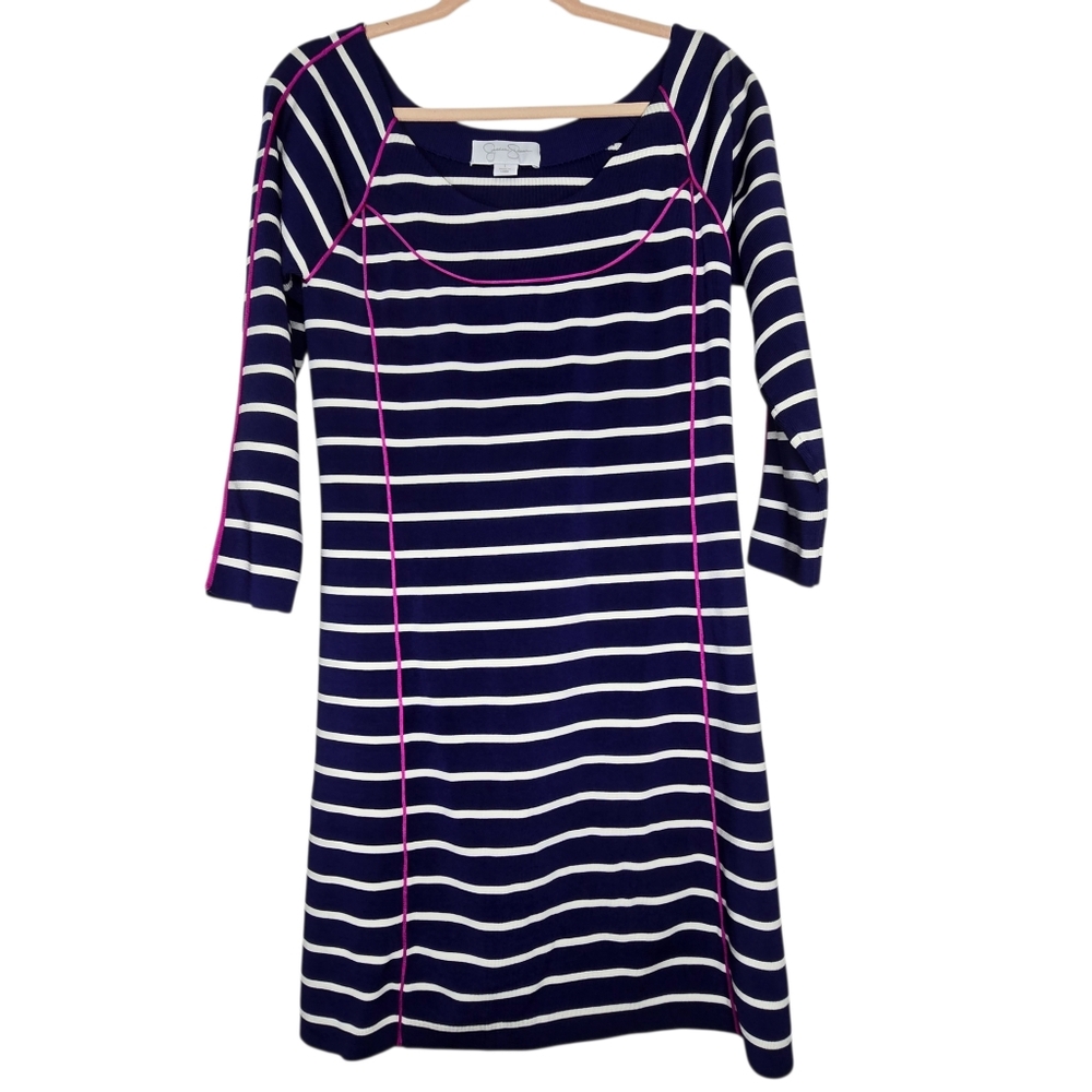 Jessica Simpson navy and white striped sweater dress with fuchsia detailing